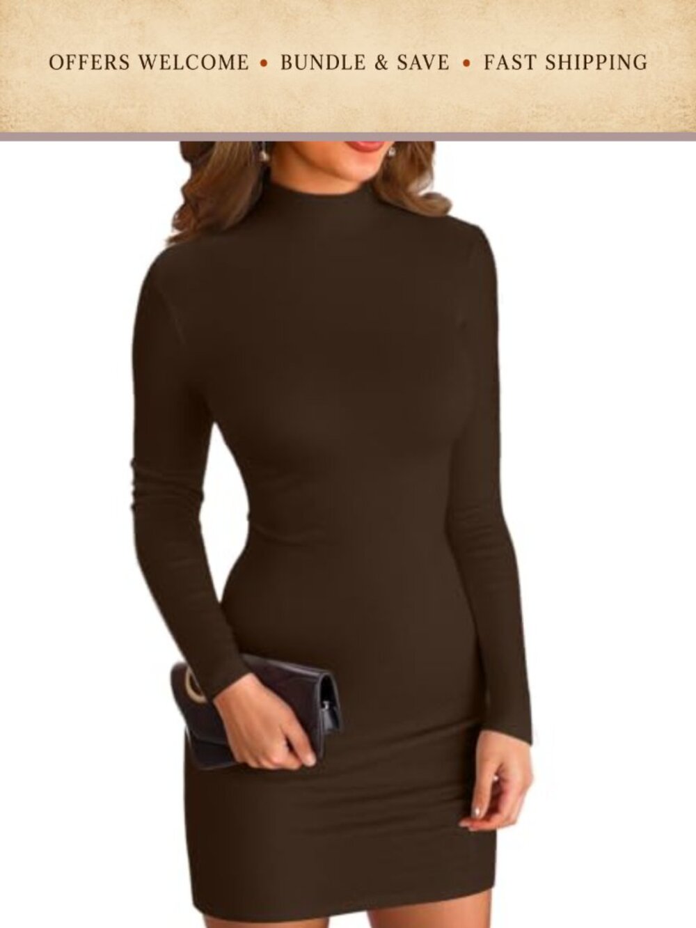 Mock Neck Ribbed Bodycon Mini Pencil Dress Long Sleeve